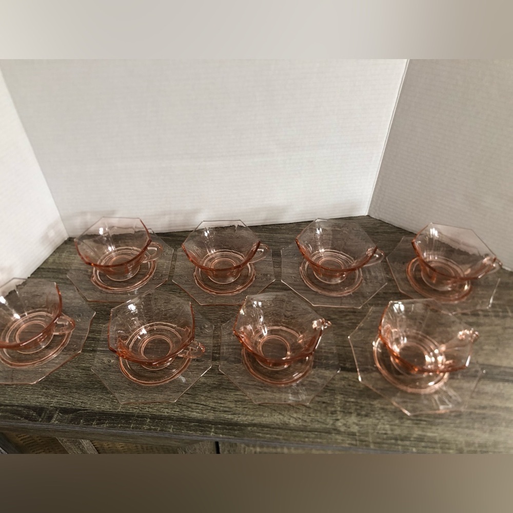 Vtg Liberty Works Egg Harbor Pink Glass Teacups with Saucers